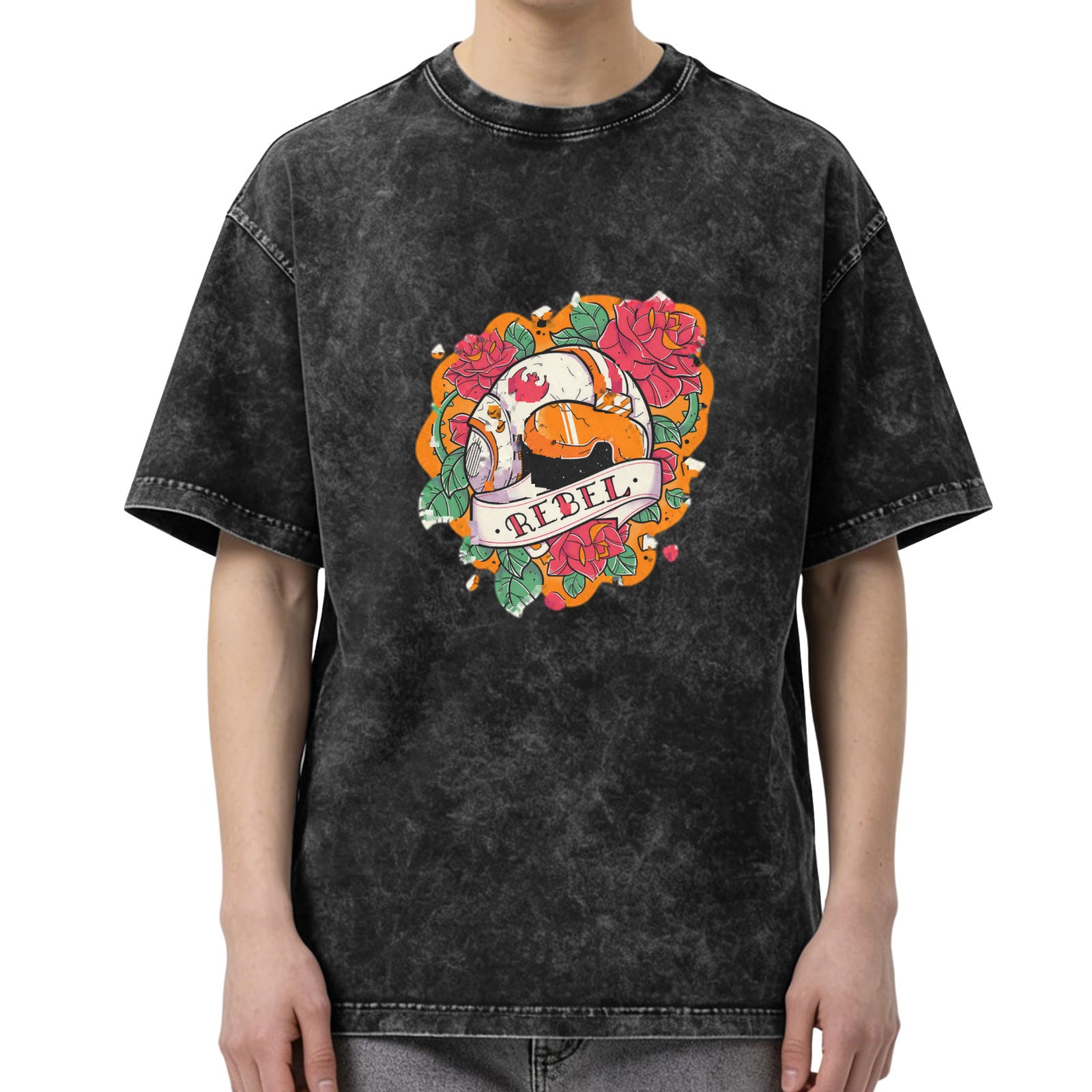 Washed Black Rebel Droid Rose Graphic T-Shirt