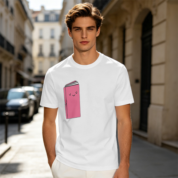 Olive Green T-Shirt With Cute Smiling Pink Book Graphic