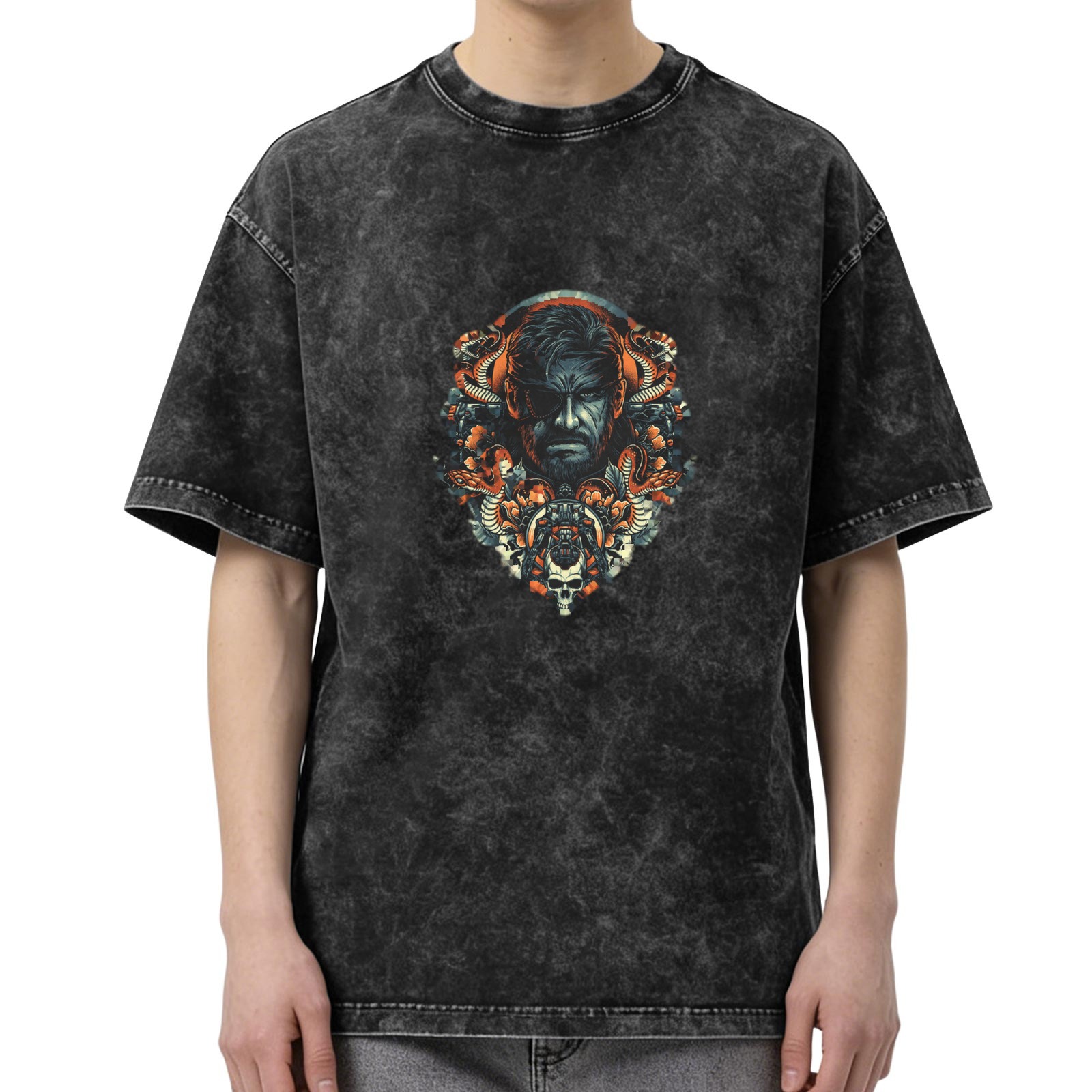 Oversized Acid Wash T-Shirt With Gothic Warrior Skull Snake Graphic