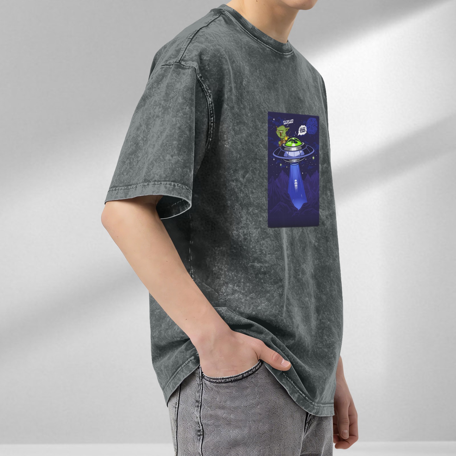 Oversized acid wash t-shirt with alien UFO abduction graphic