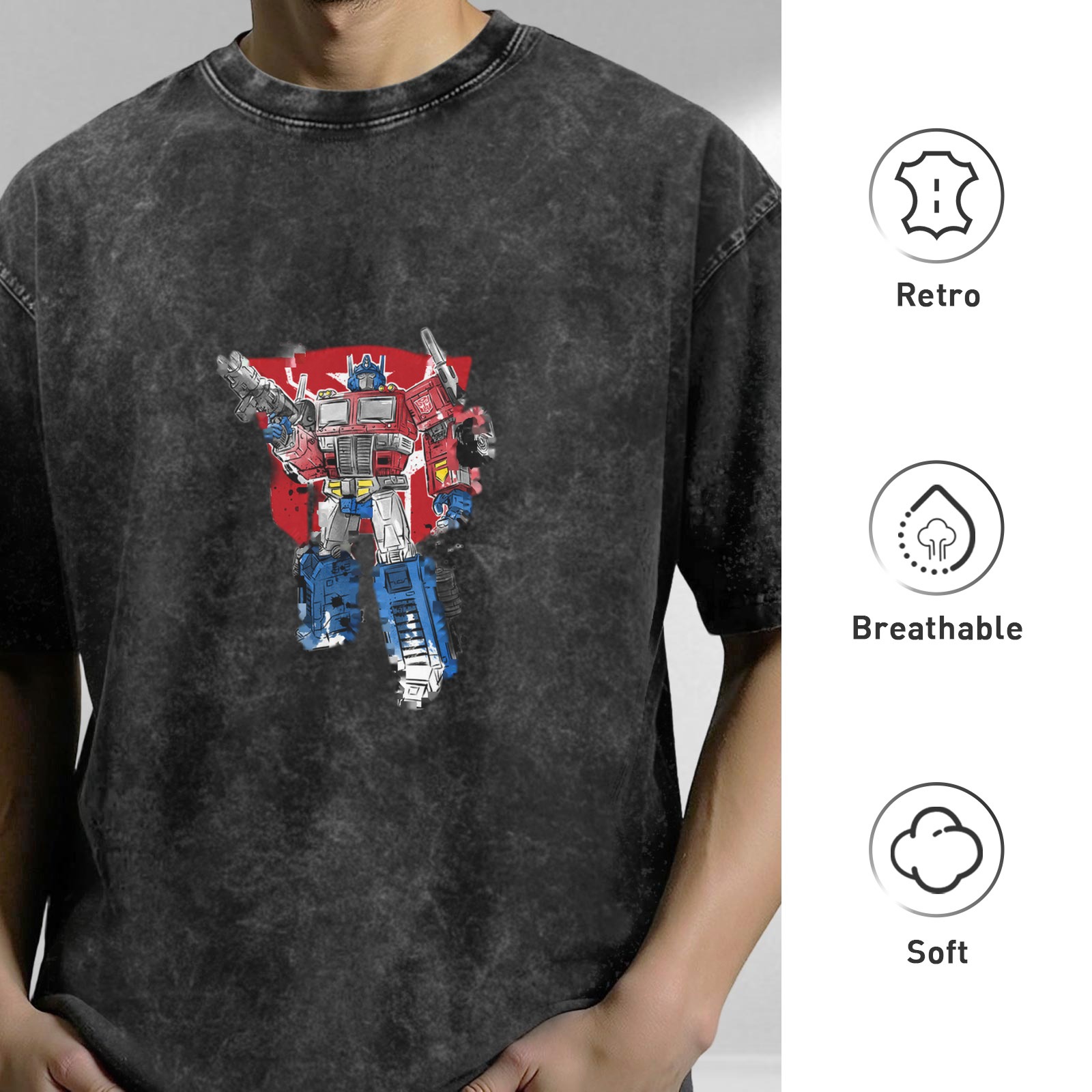 Washed distressed black Optimus Prime graphic short-sleeved T-shirt