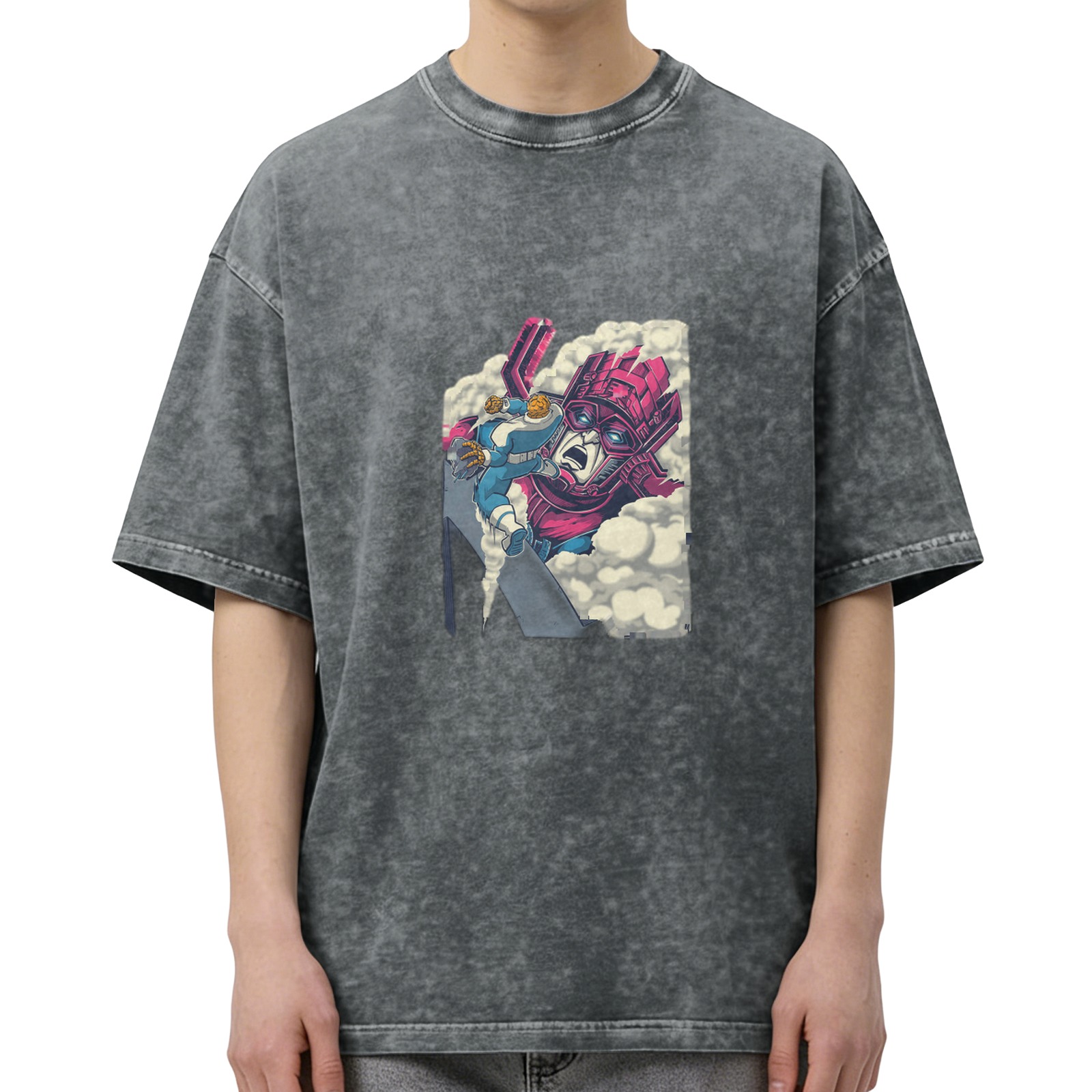 Oversized Acid Wash T-Shirt With Retro Superhero Comic Print