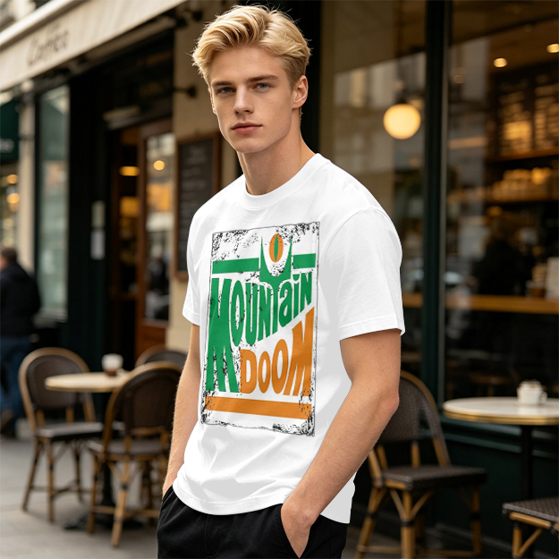 Olive T-shirt with Mountain Doom Themed Graphic Print