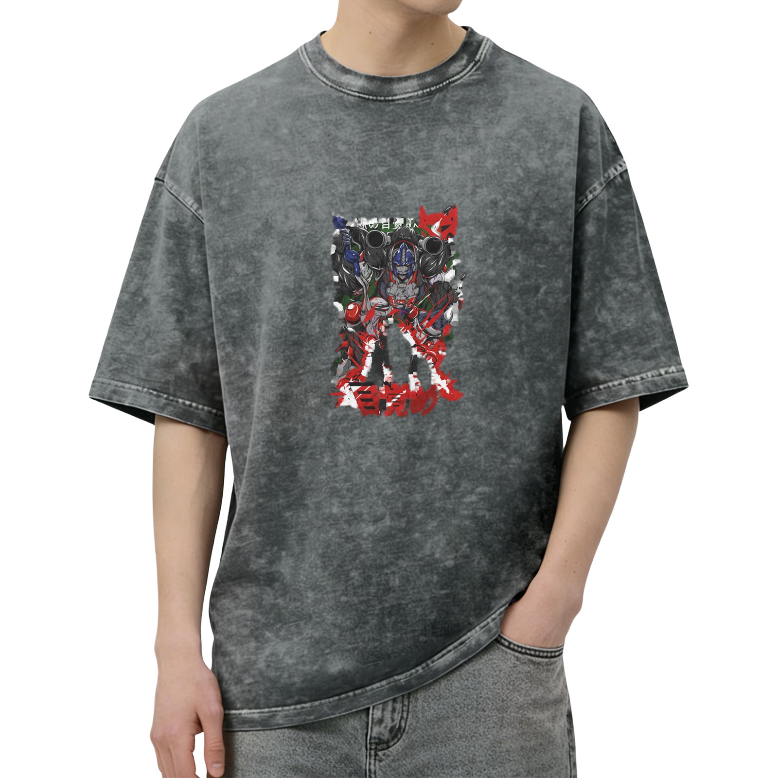Washed Black Oversized T-Shirt with Anime Graphic Print