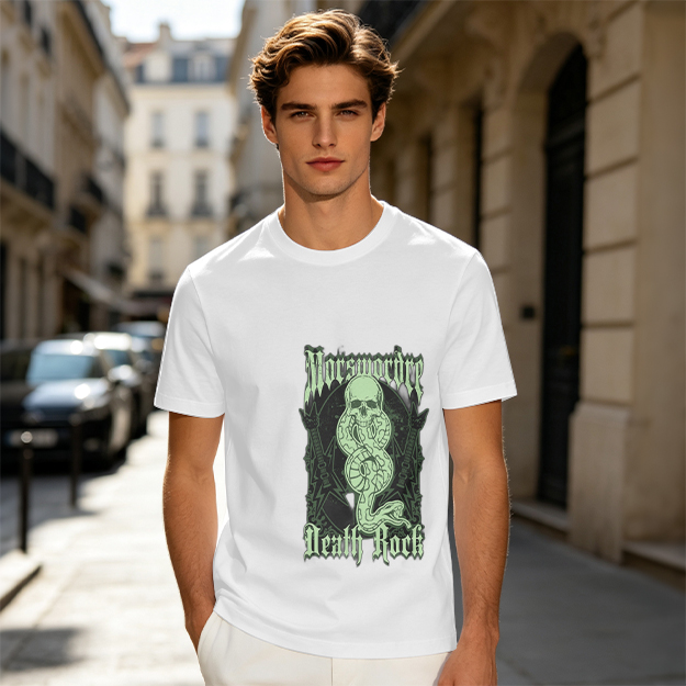 Olive graphic t-shirt with skull snake death rock design