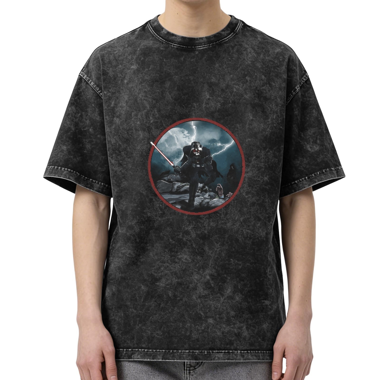 Star Wars Darth Vader Graphic Acid Wash T-Shirt - Dark Gray Oversized Short Sleeve Tee