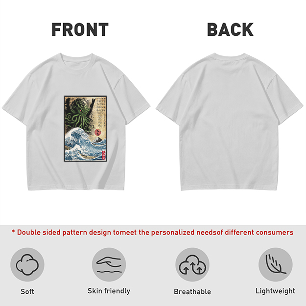 Olive T-shirt with Cthulhu Great Wave Japanese Art Print