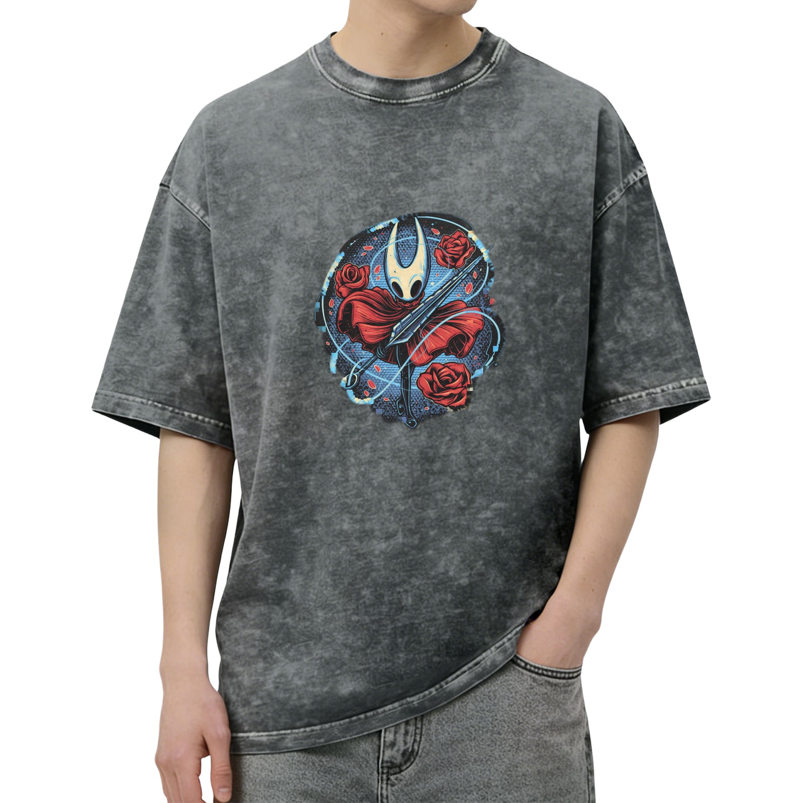 Washed black graphic t-shirt with Hollow Knight Hornet and roses print