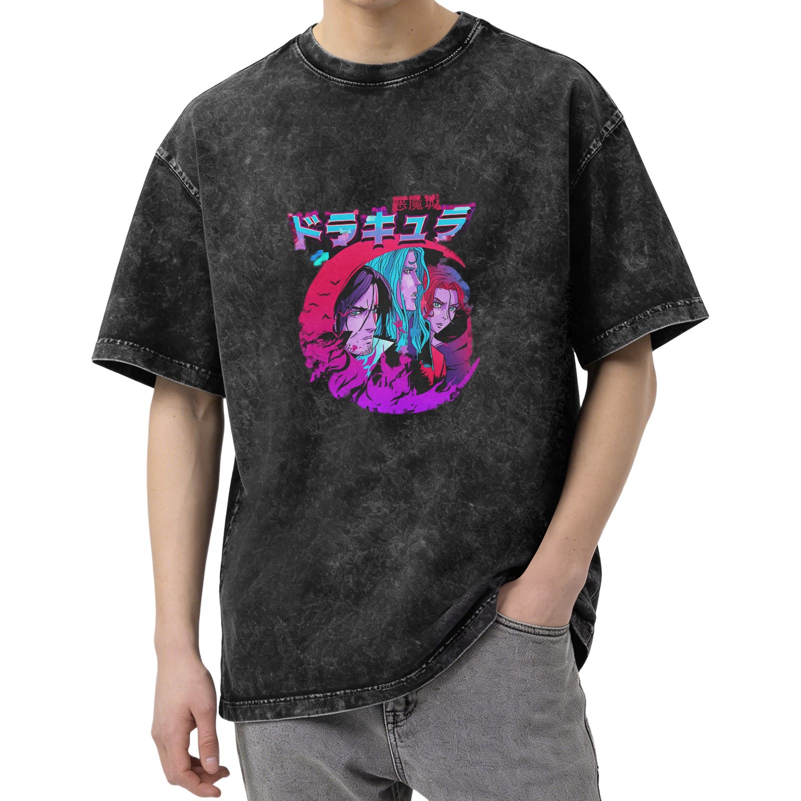 Retro washed black anime theme printed short-sleeved T-shirt
