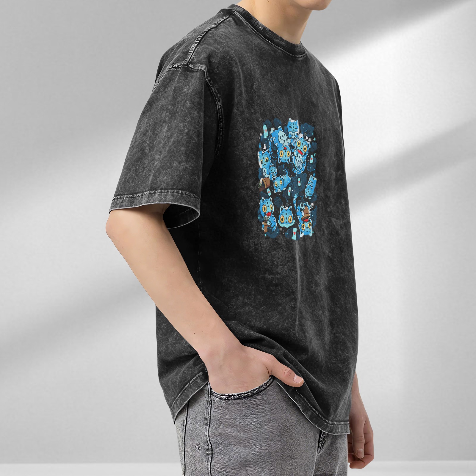 Oversized Vintage Wash Black T-Shirt with Blue Cute Cat Graphic Print