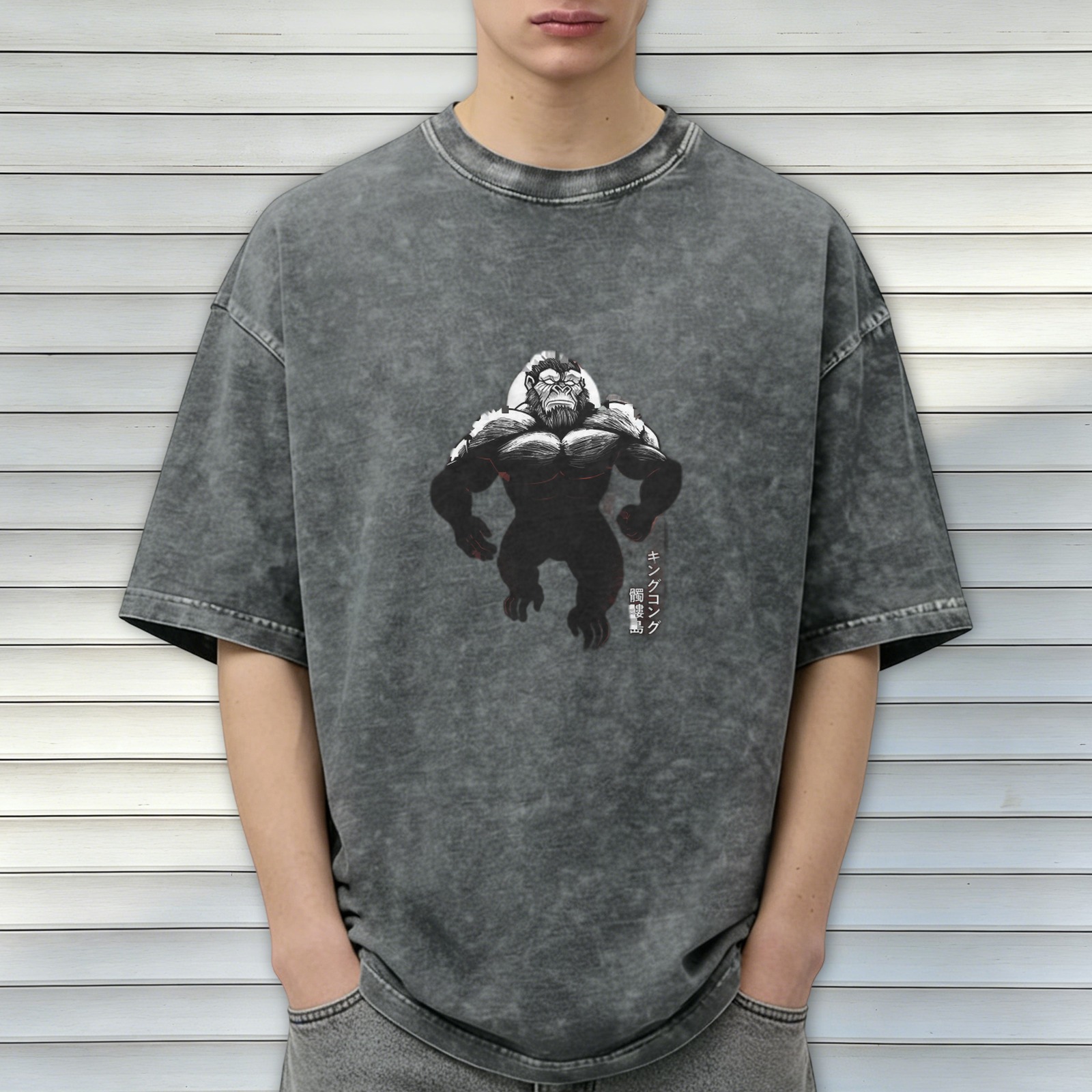 Oversized Stonewashed T-Shirt With Gorilla Japanese Graphic Print