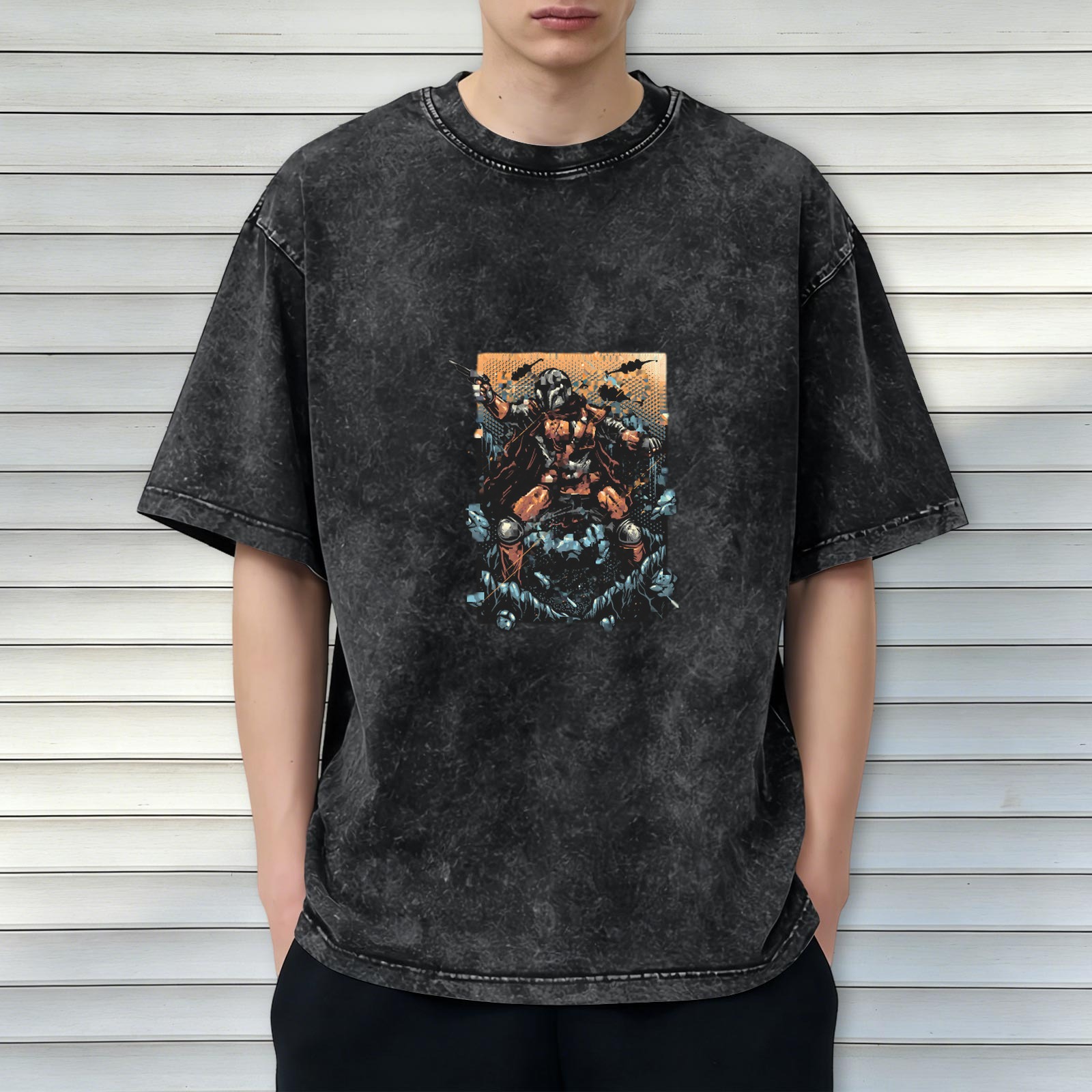 Washed Black T-Shirt With Warrior In Armor Graphic Print