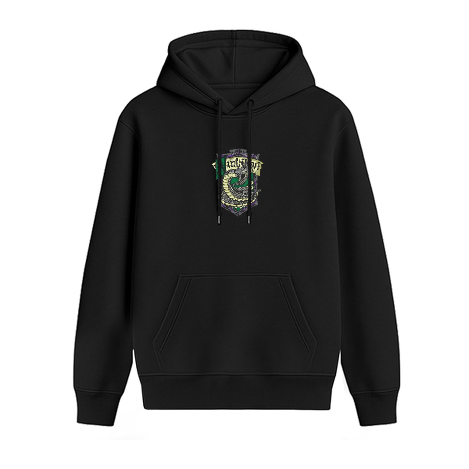 Black hoodie with Slytherin house crest design