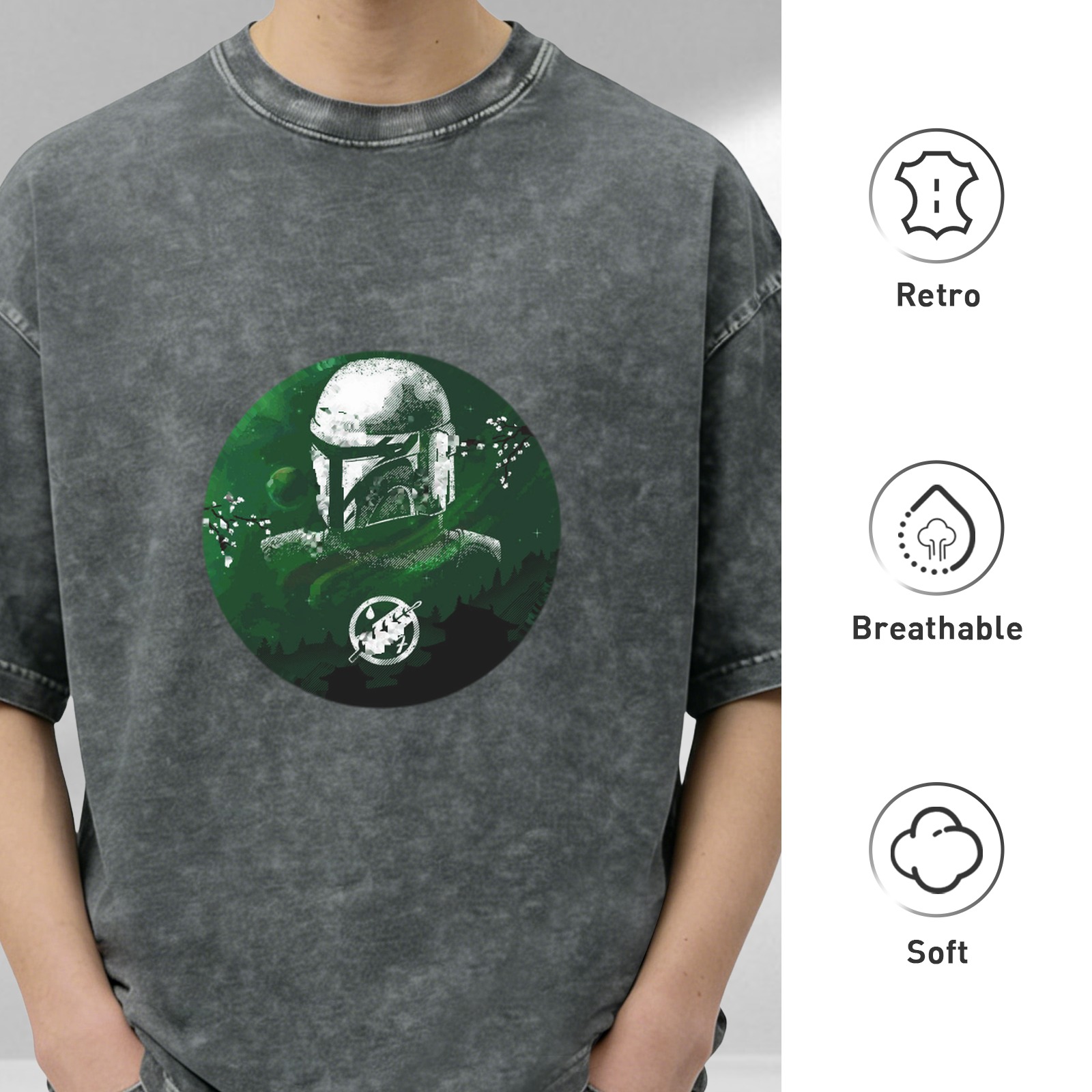 Distressed black short-sleeved T-shirt with Mandalorian theme print, loose style