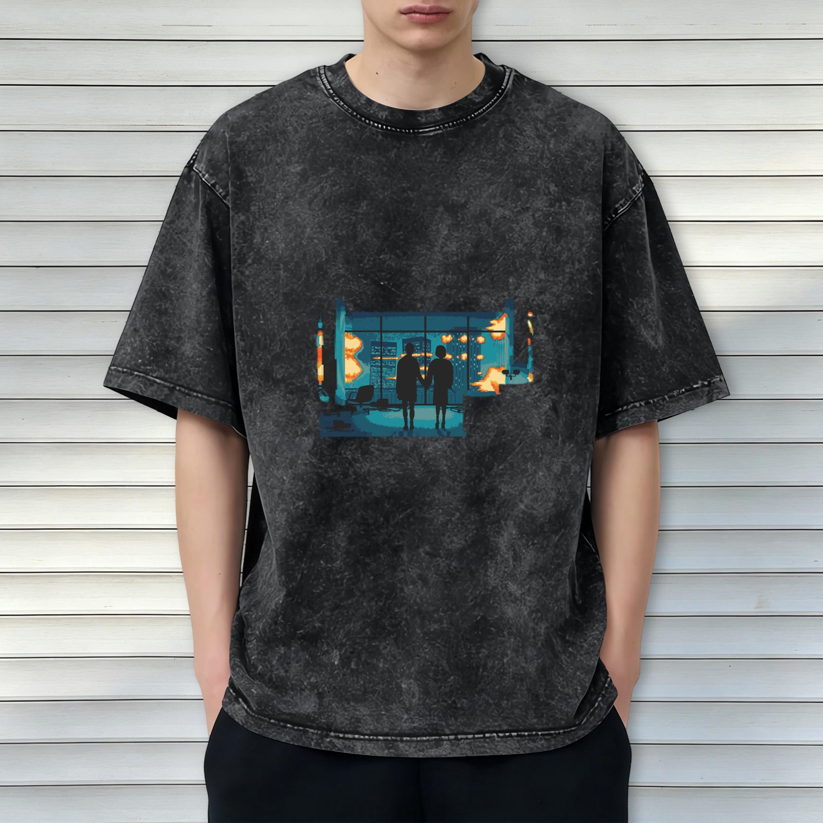 Distressed washed black short-sleeved T-shirt with pixel style explosion scene pattern of people holding hands printed on the back, loose fit