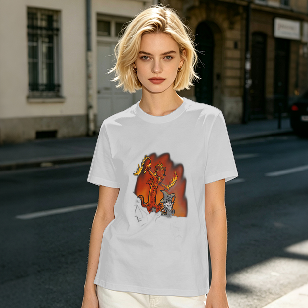 Olive T-shirt with Cartoon Demon and Wizard Fantasy Print