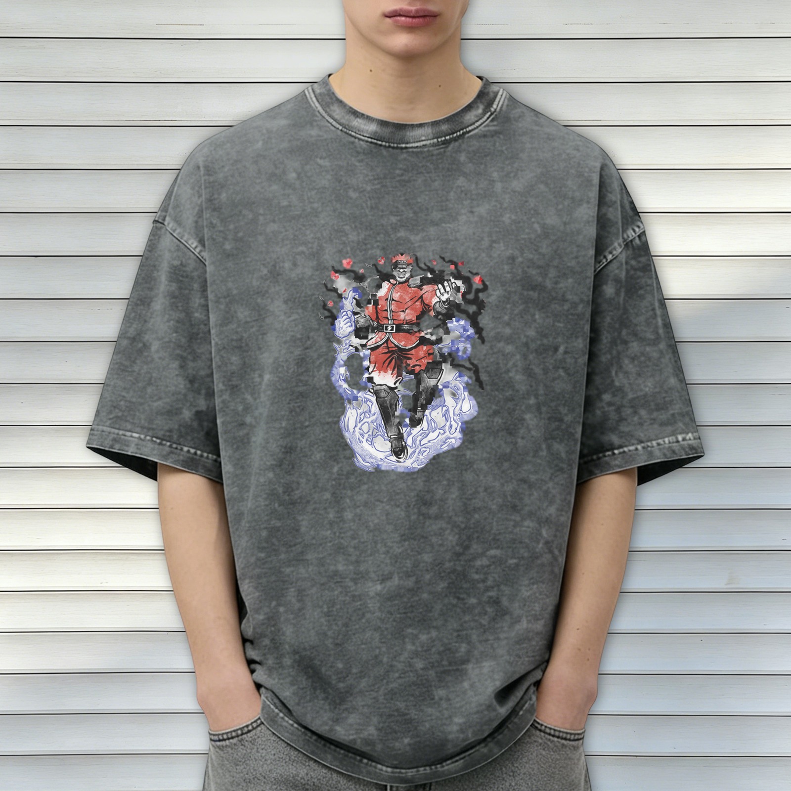 Oversized faded black t-shirt with anime villain graphic print