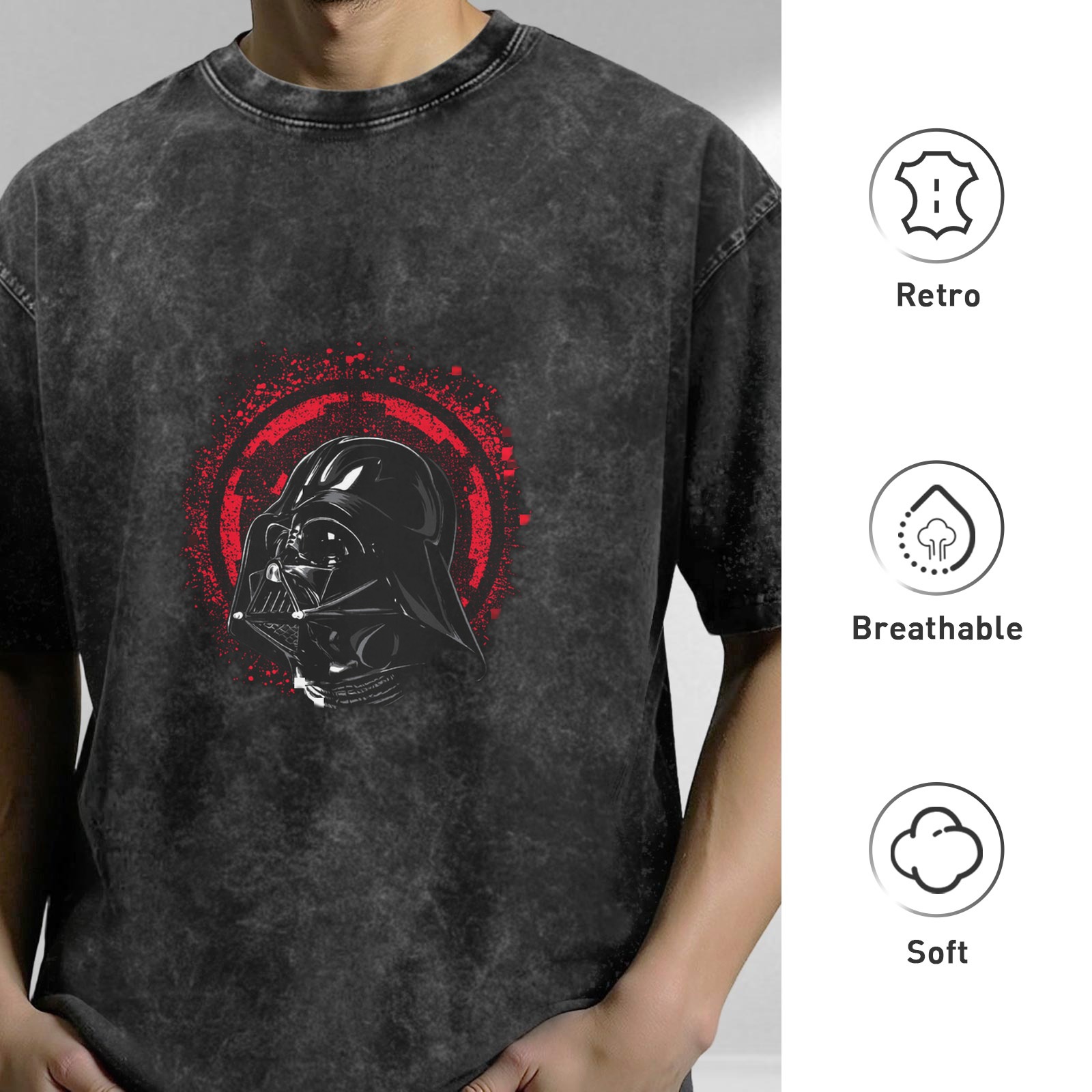 Darth Vader Helmet Graphic Acid Wash Black Cotton T-Shirt