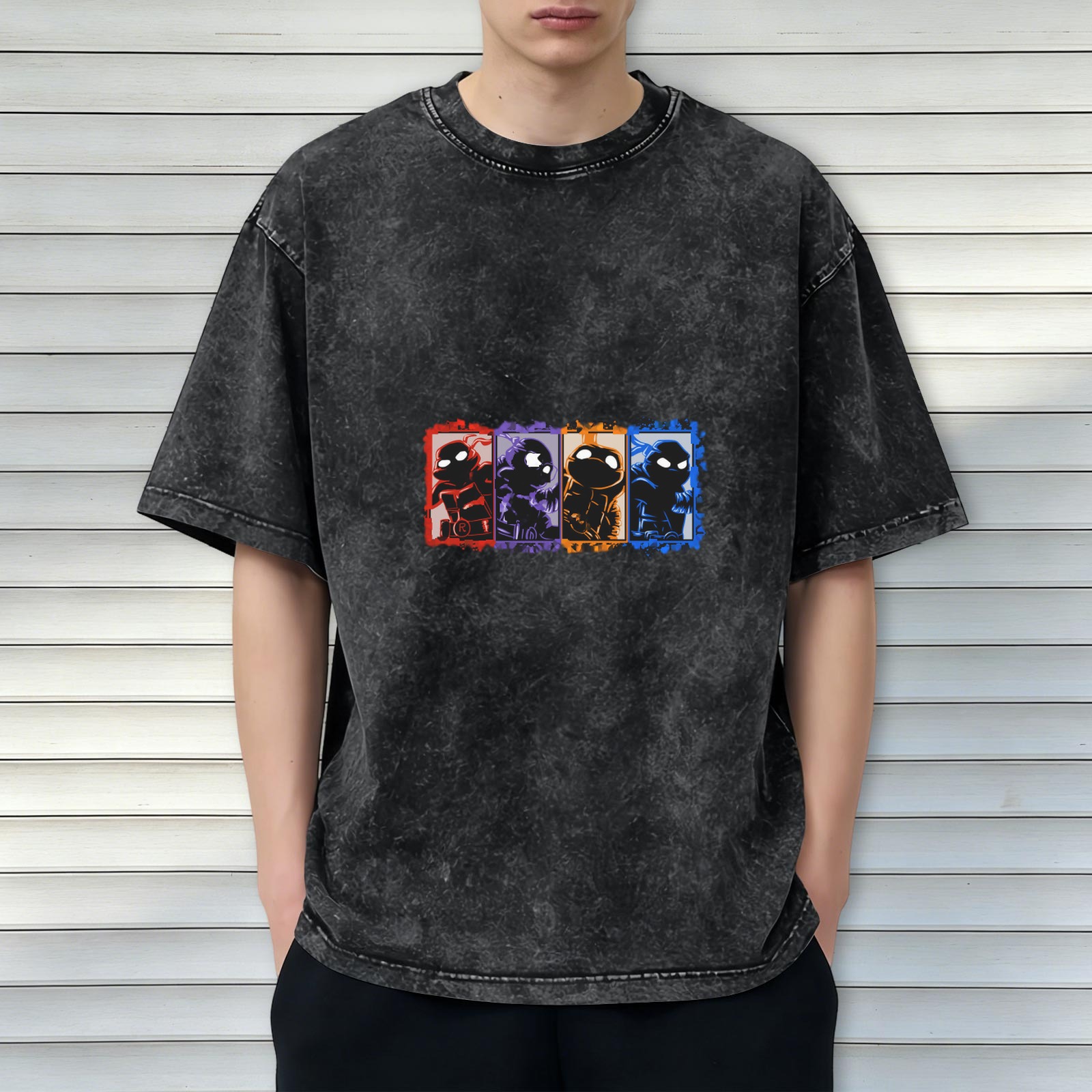 Washed Black T-Shirt with Ninja Turtle Character Panels