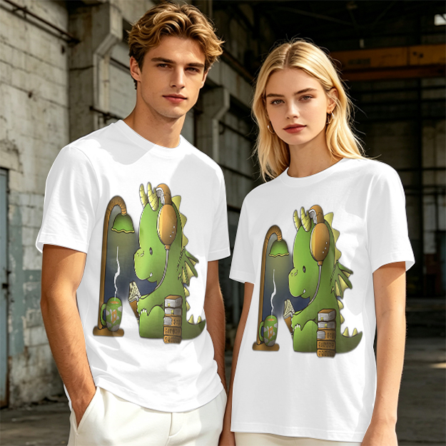 Olive T-Shirt with Cute Dragon Reading and Wearing Headphones