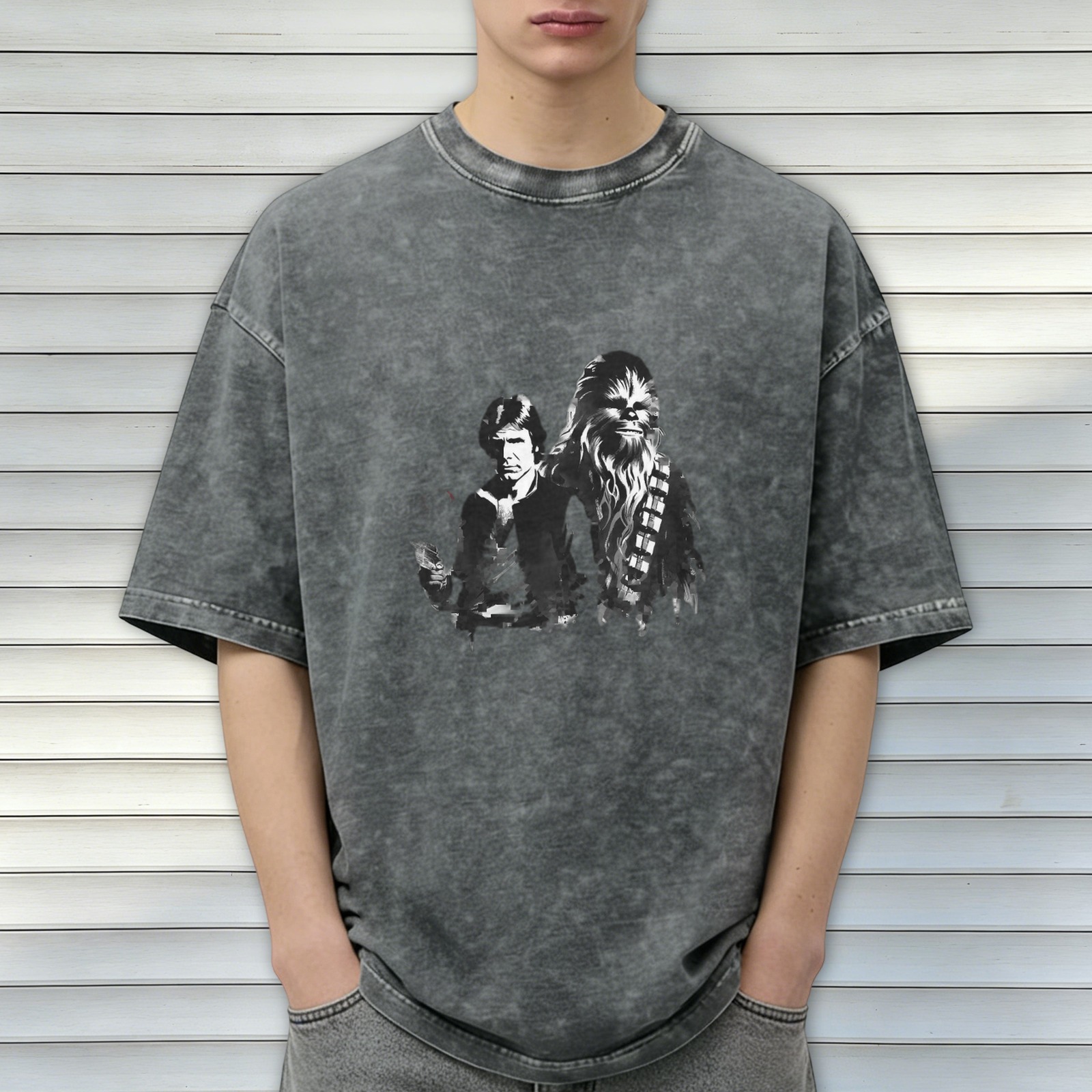 Star Wars Han Solo and Chewbacca Graphic Acid Wash T-Shirt
