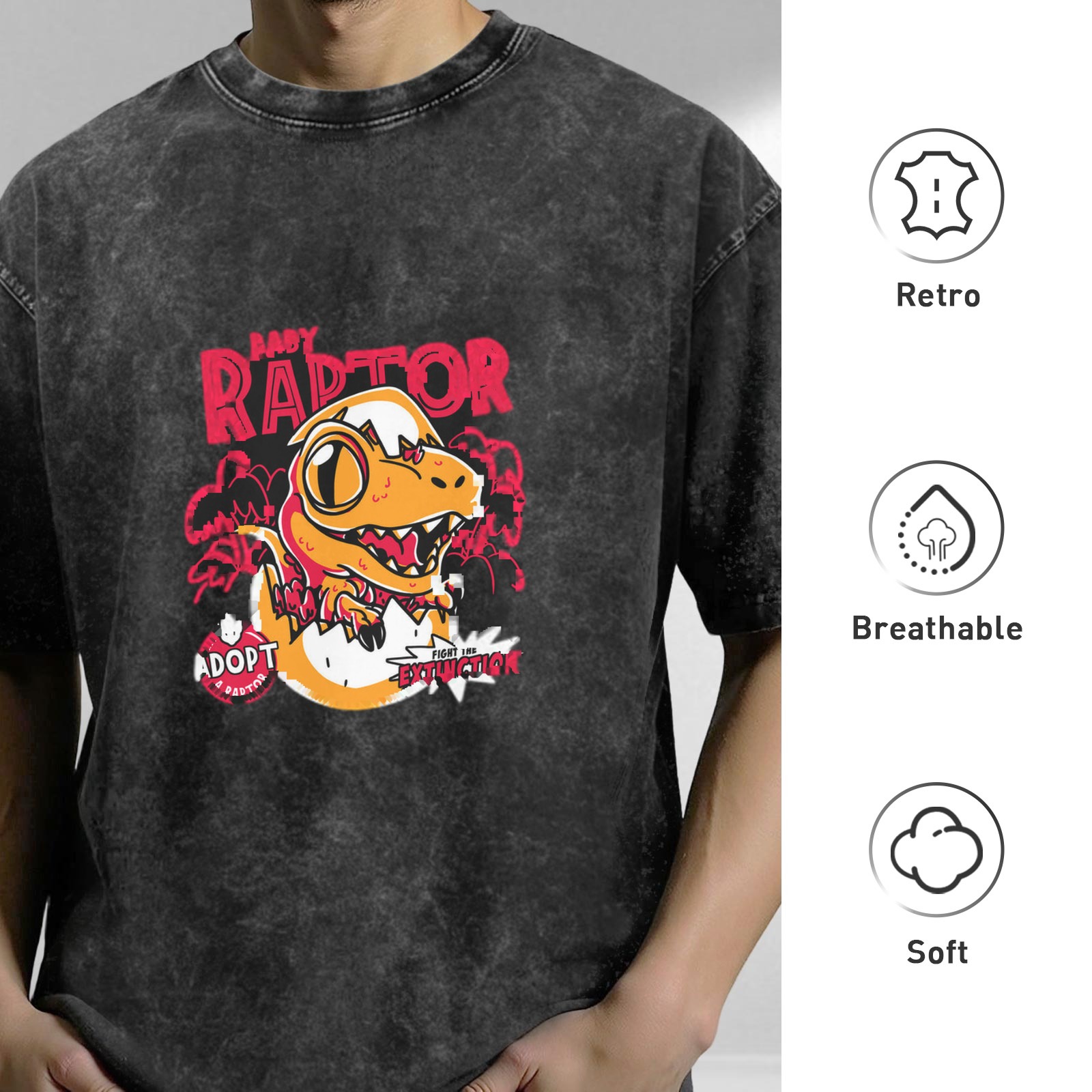Baby Raptor Graphic Print Oversized Stone Wash T-Shirt