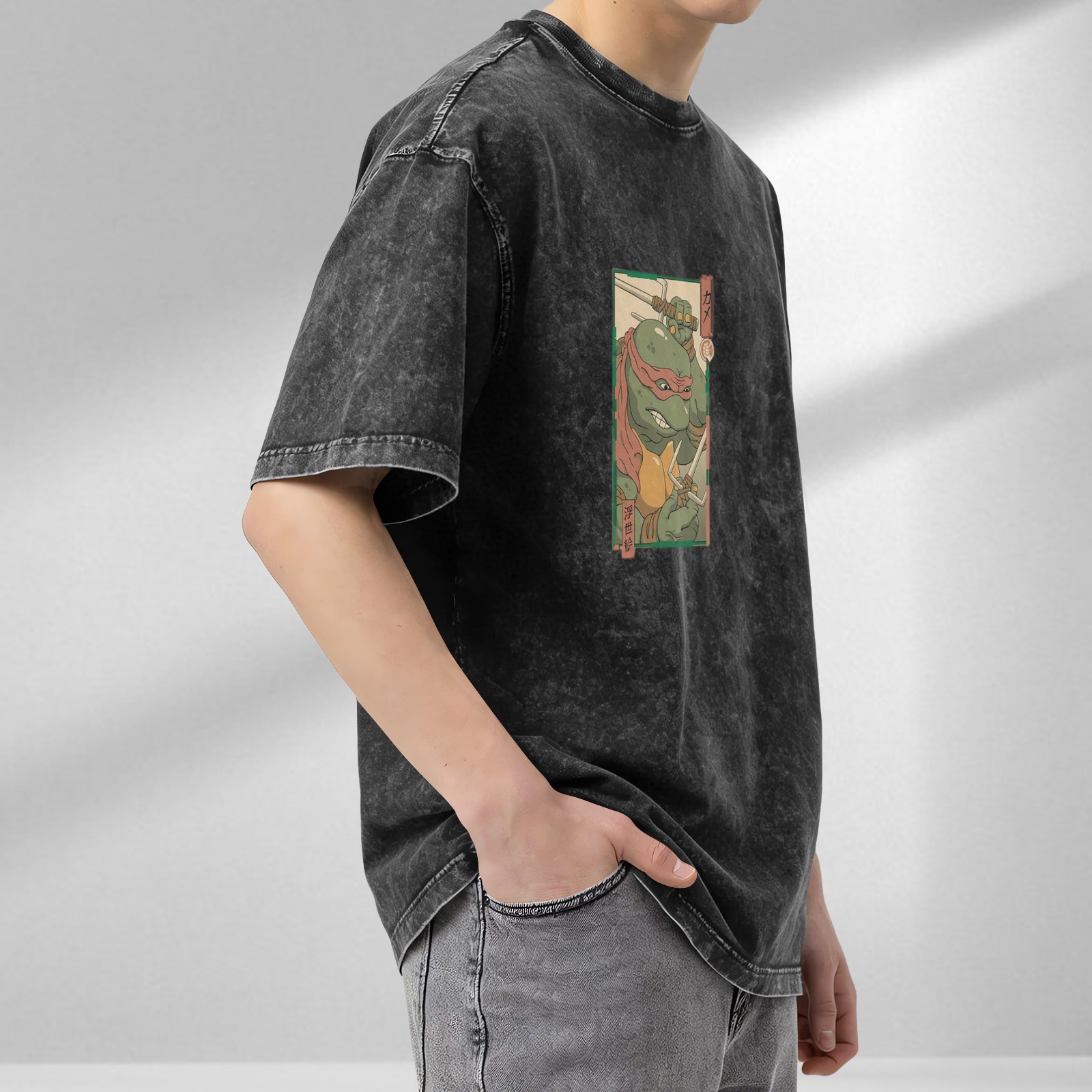 Washed Black T-Shirt with Raphael Ninja Turtle Ukiyo-e Style Print