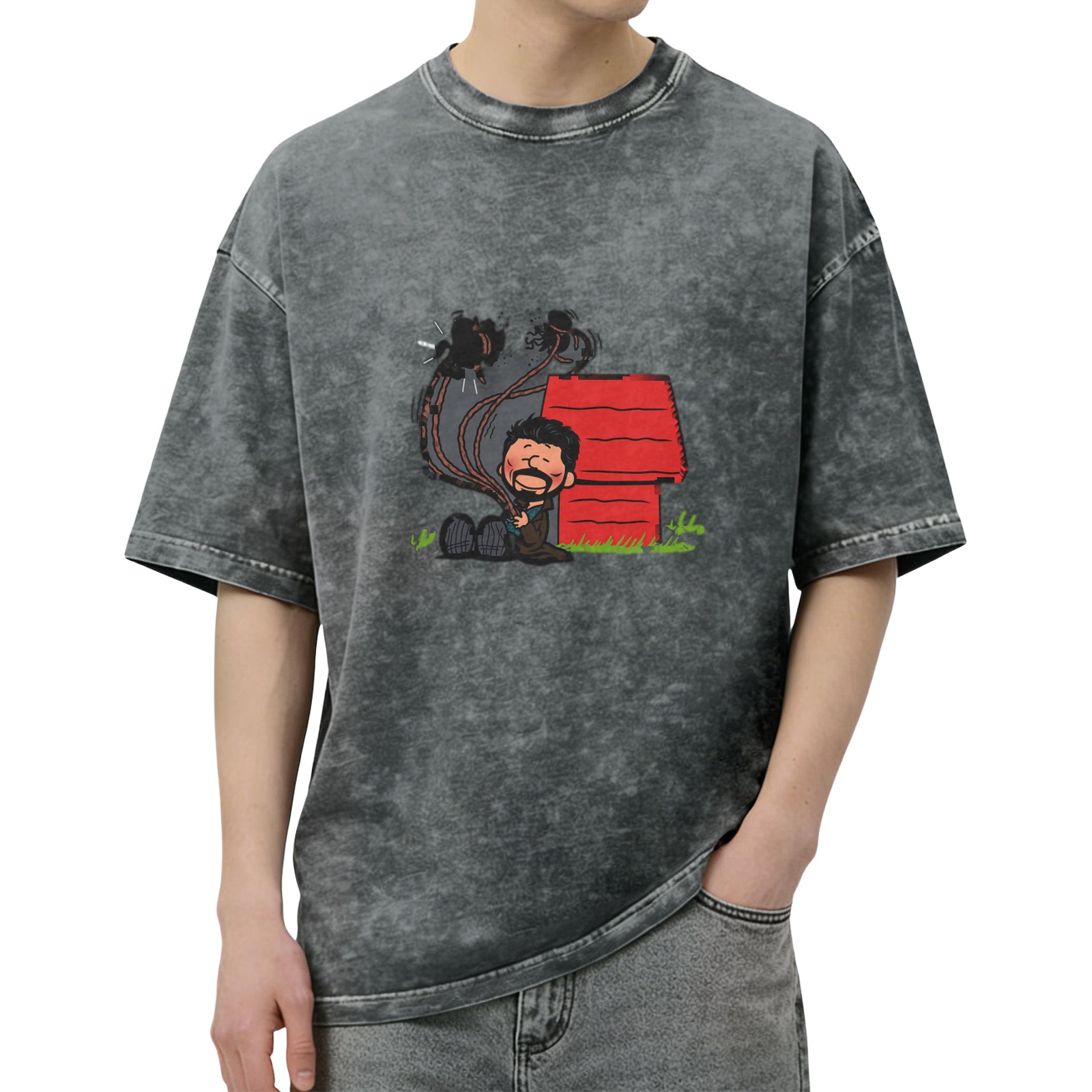 Washed Black T-Shirt With Parody Cartoon Doghouse Graphic