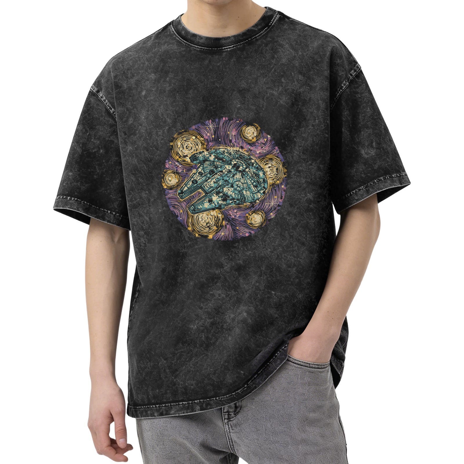 Washed Graphic T-Shirt With Starry Space Ship Art