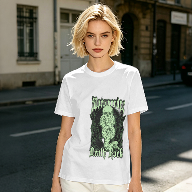 Olive graphic t-shirt with skull snake death rock design