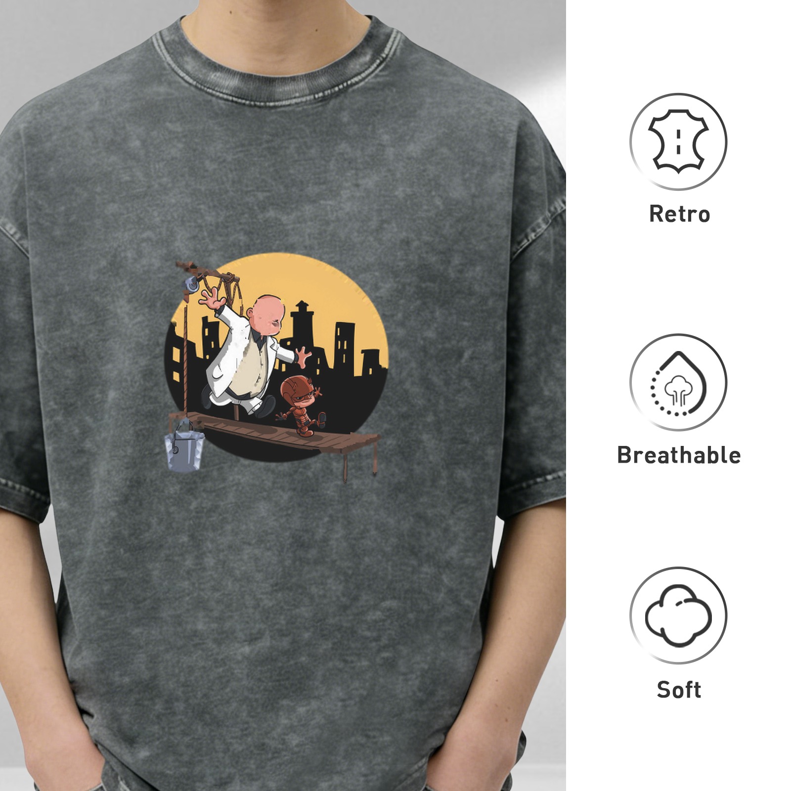 Washed black graphic t-shirt with cartoon characters on a scaffold city skyline