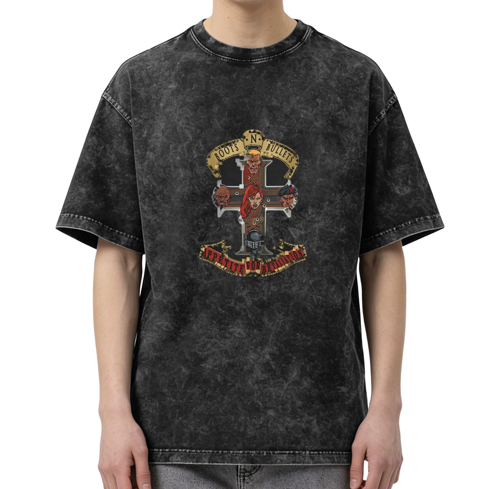 Washed black graphic t-shirt with cross and character print