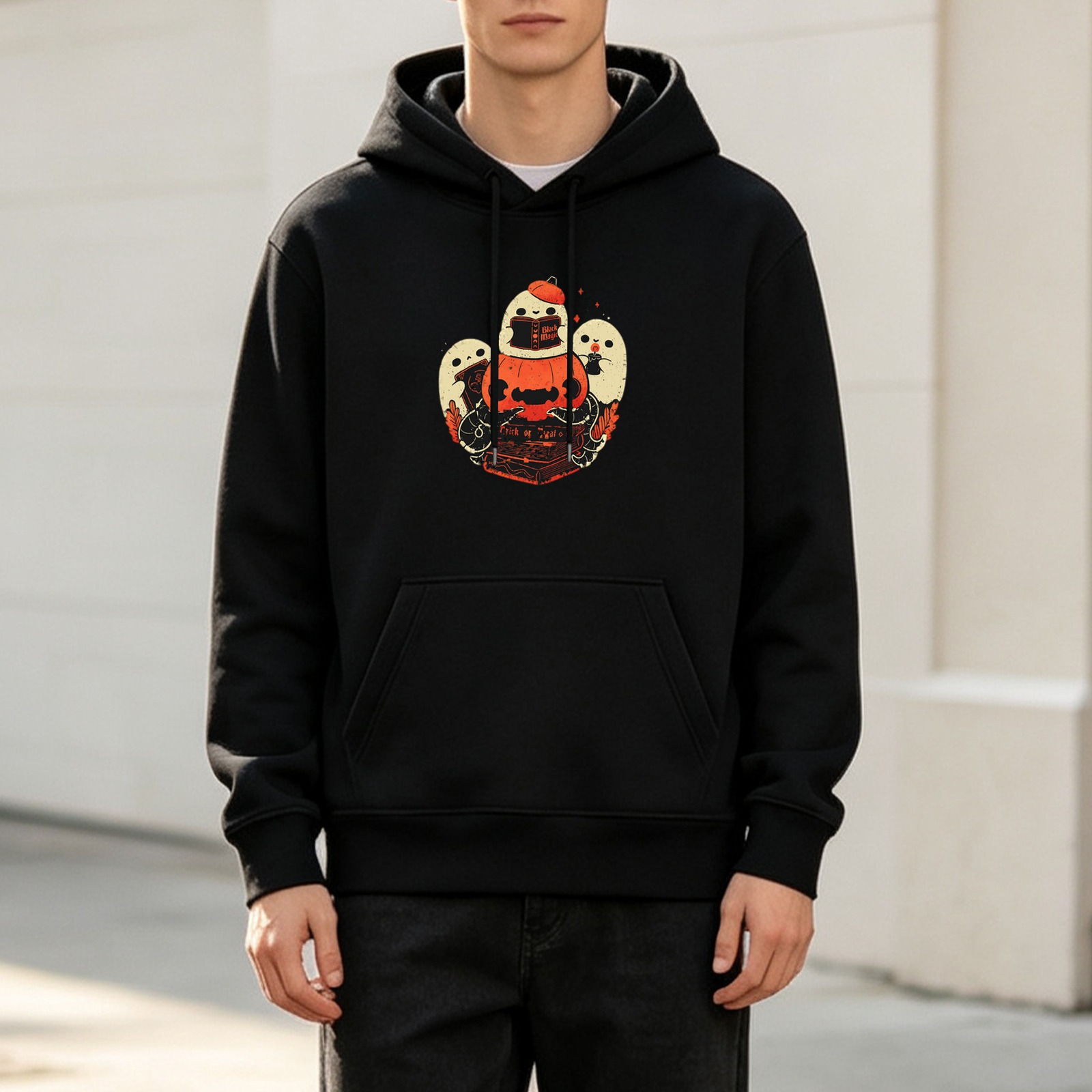 Black hoodie with cute ghost and jack-o'-lantern Halloween graphic