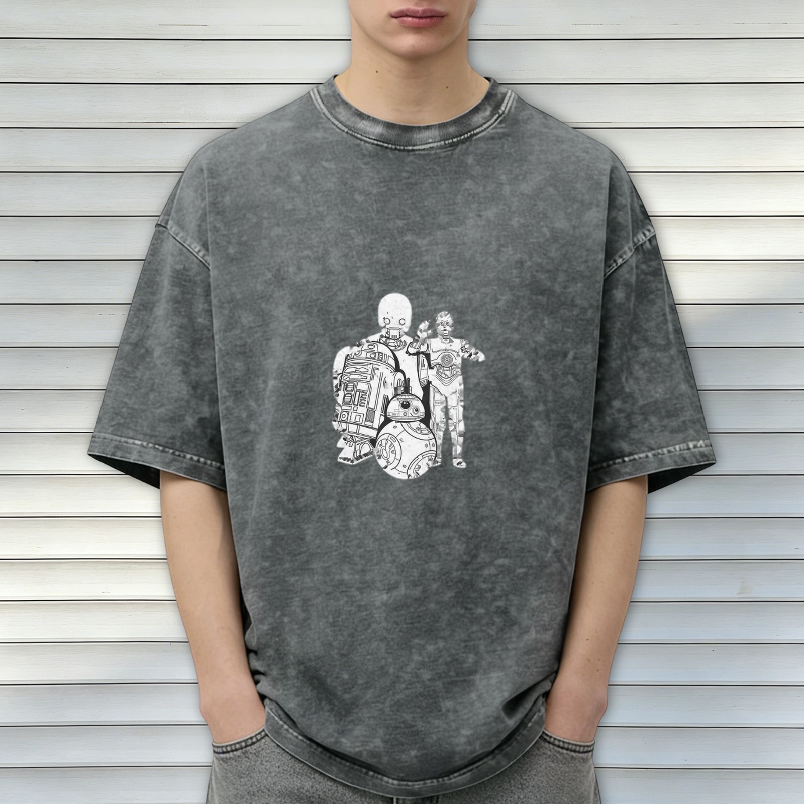Star Wars Droids Graphic Black Acid Wash Oversized T-Shirt