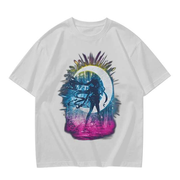 Olive T-Shirt with Crescent Moon Anime Character Silhouette Art