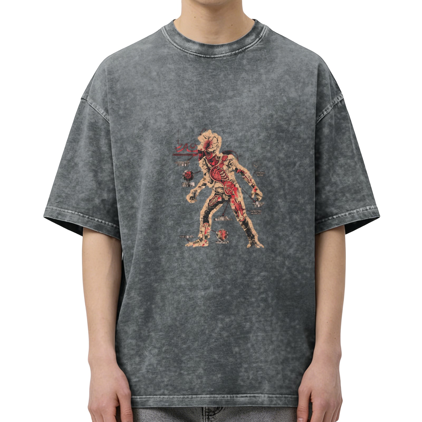 Oversized Acid Wash T-Shirt with Monster Anatomy Graphic Print