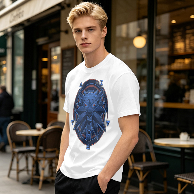 Olive T-Shirt With Witcher Wolf Medallion Graphic Print