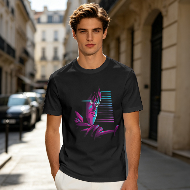 Olive T-Shirt With Abstract Neon Portrait Graphic