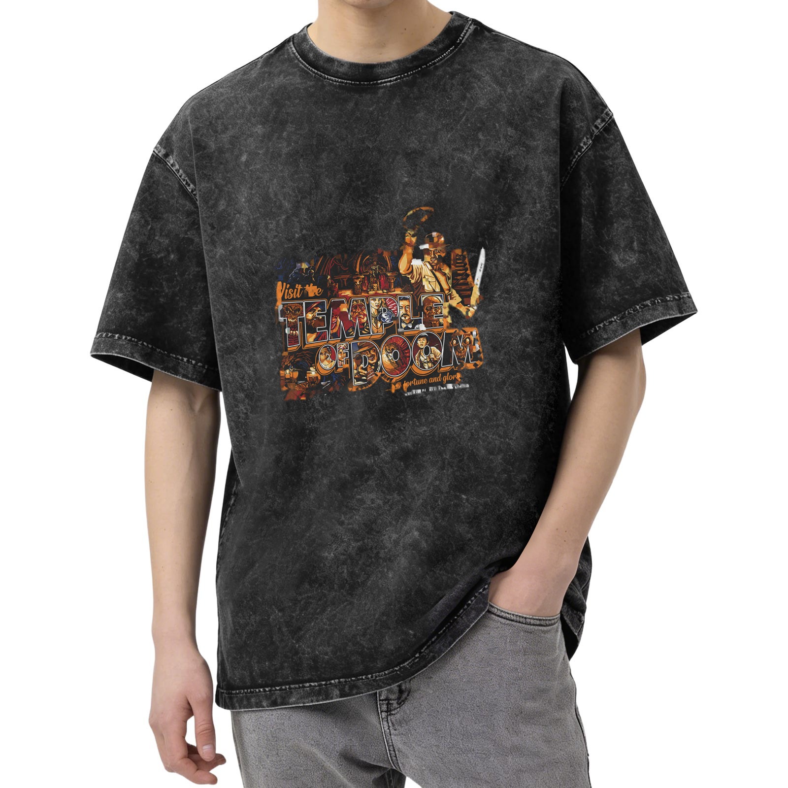 Washed Black Graphic Tee Featuring Temple of Doom Adventure Design