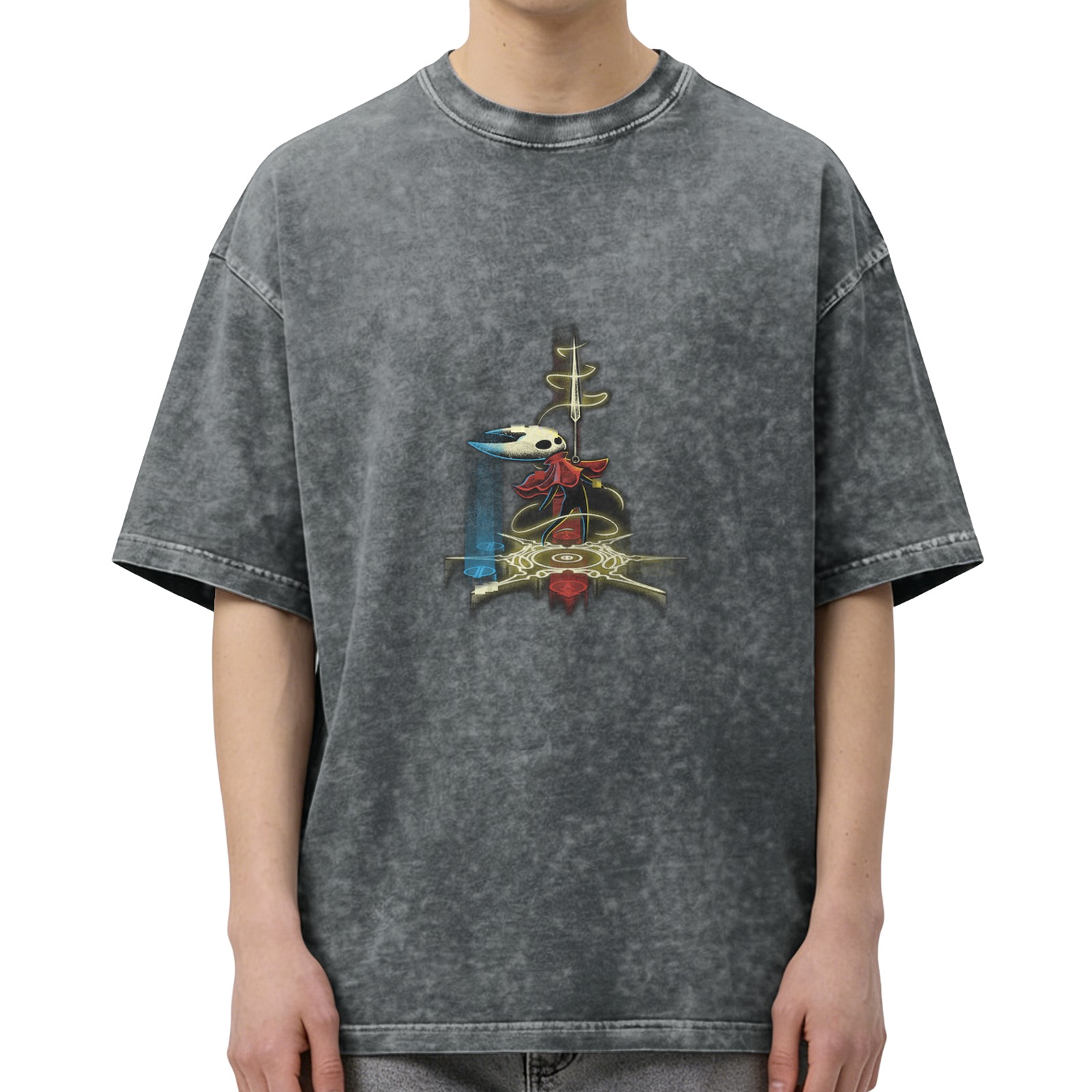 Hollow Knight themed acid wash graphic t-shirt for casual wear