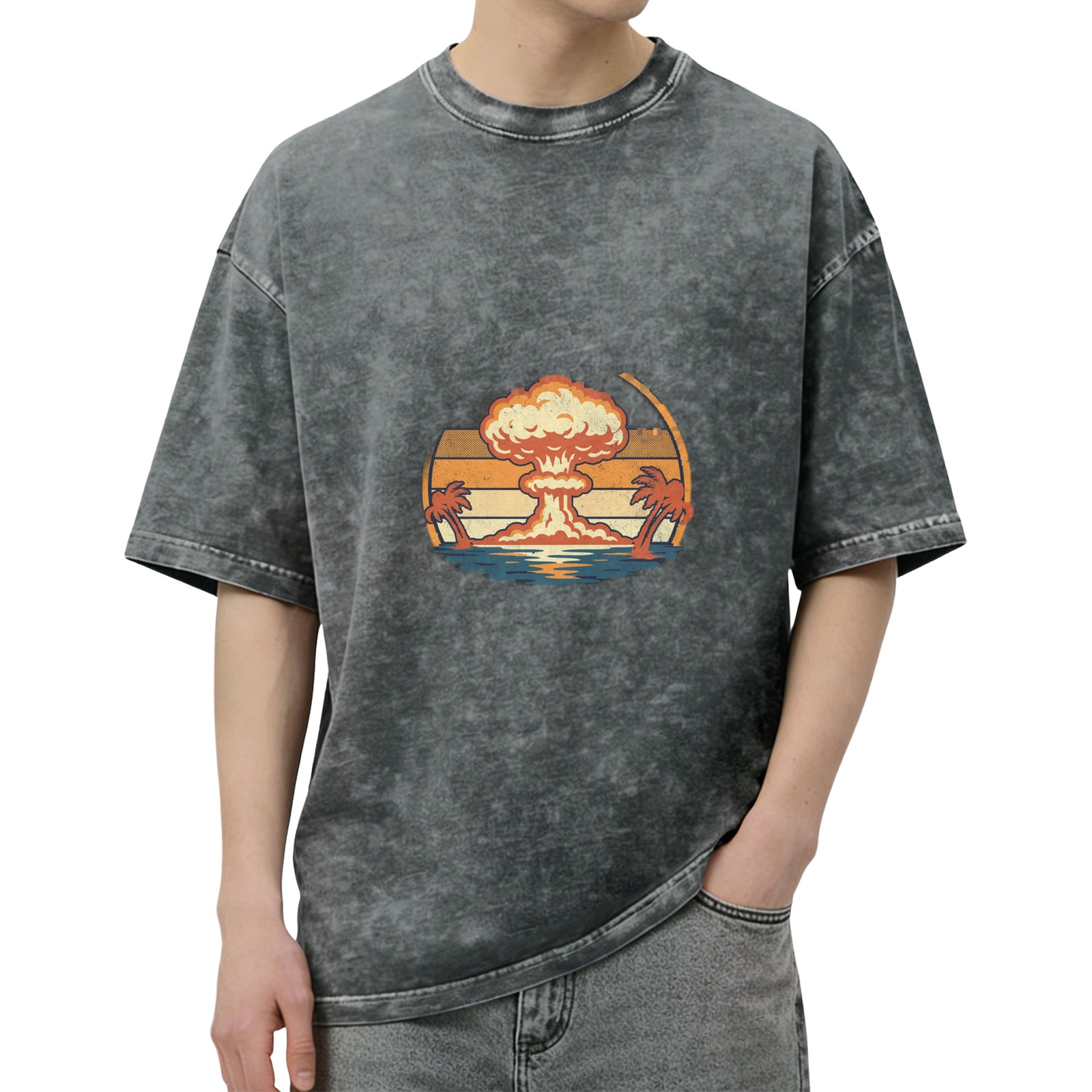 Vintage Acid-Wash Black Oversized T-Shirt with Retro Nuclear Explosion & Palm Tree Sunset Graphic Print