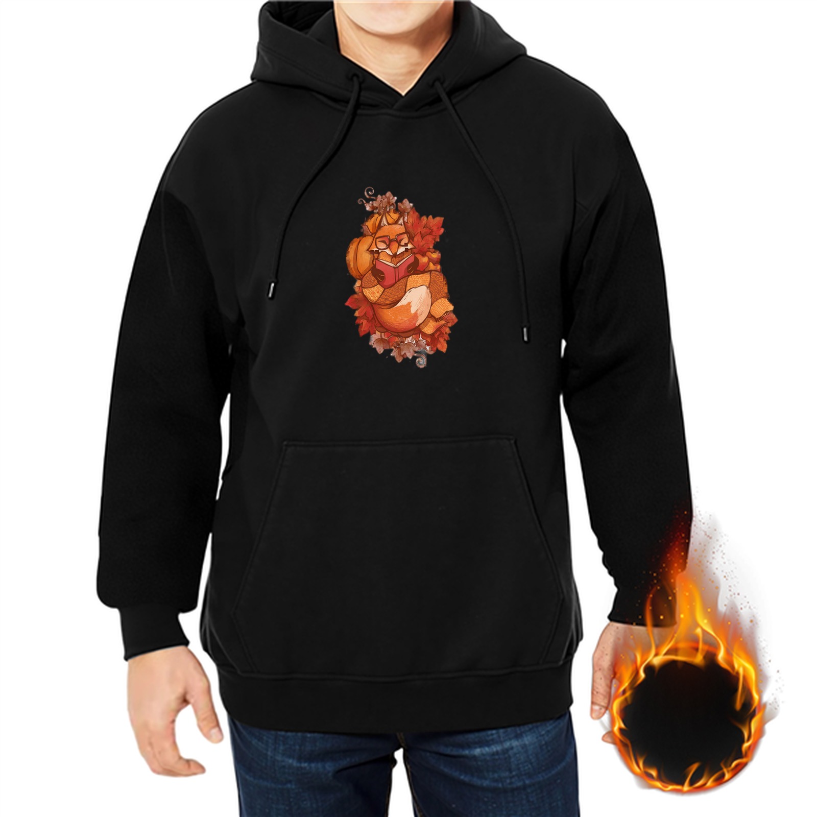 Black hoodie with autumn fox reading book graphic