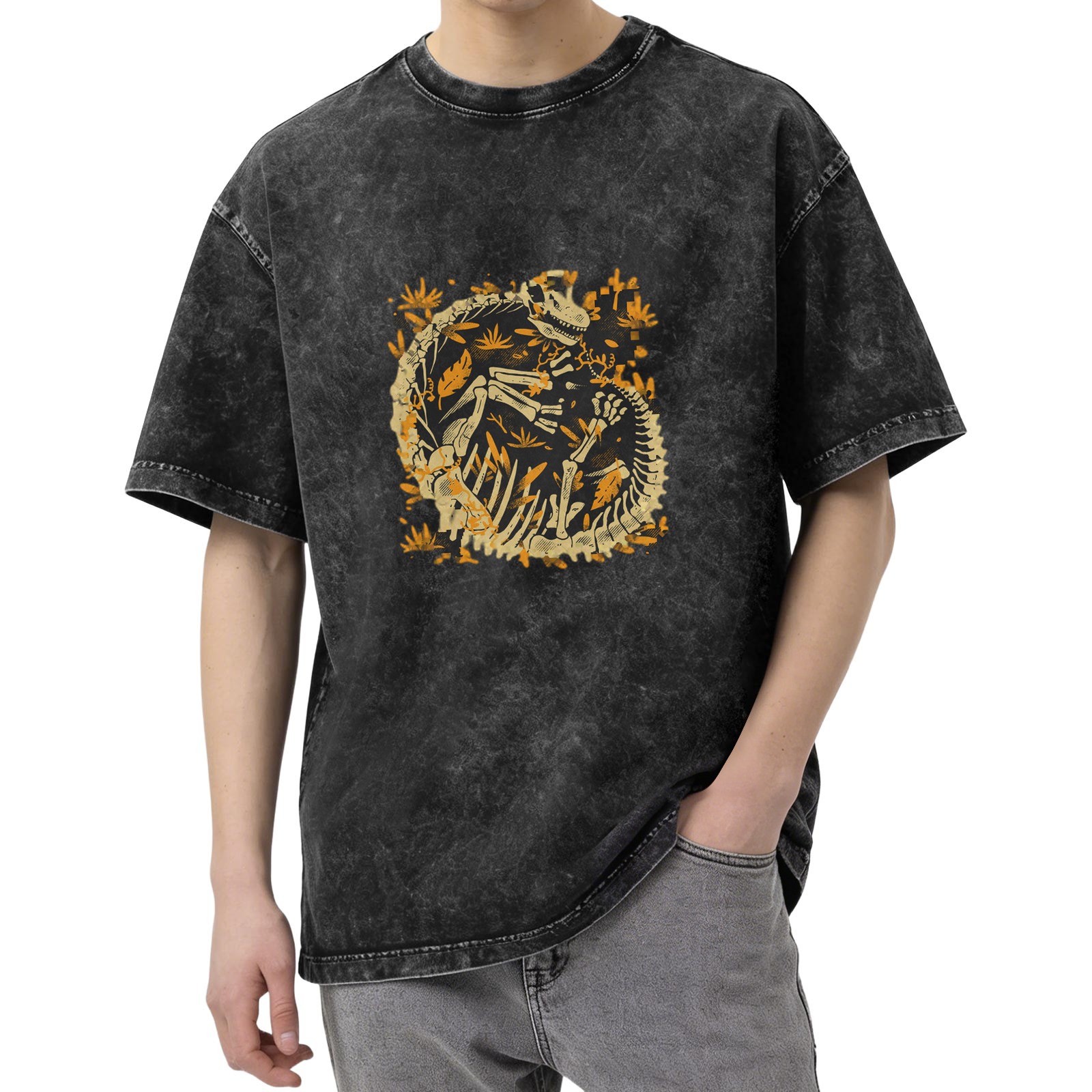 Oversized Acid Wash T-Shirt with Dinosaur Skeleton Fossil Print