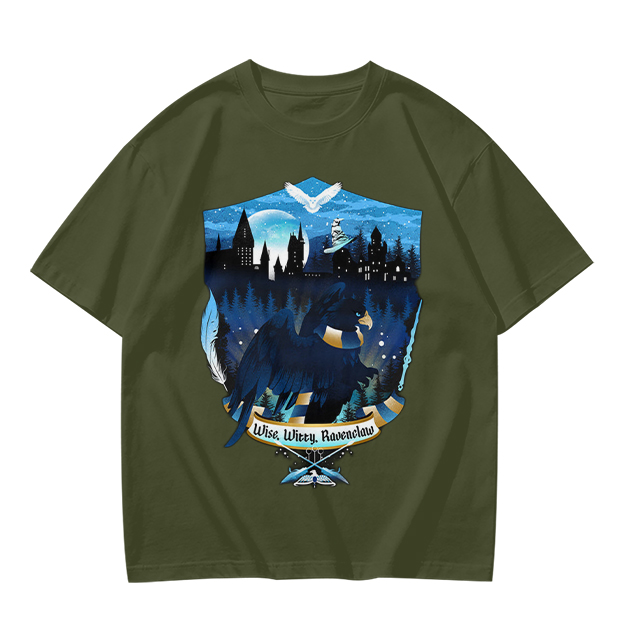 Olive t-shirt with Ravenclaw house crest night castle design