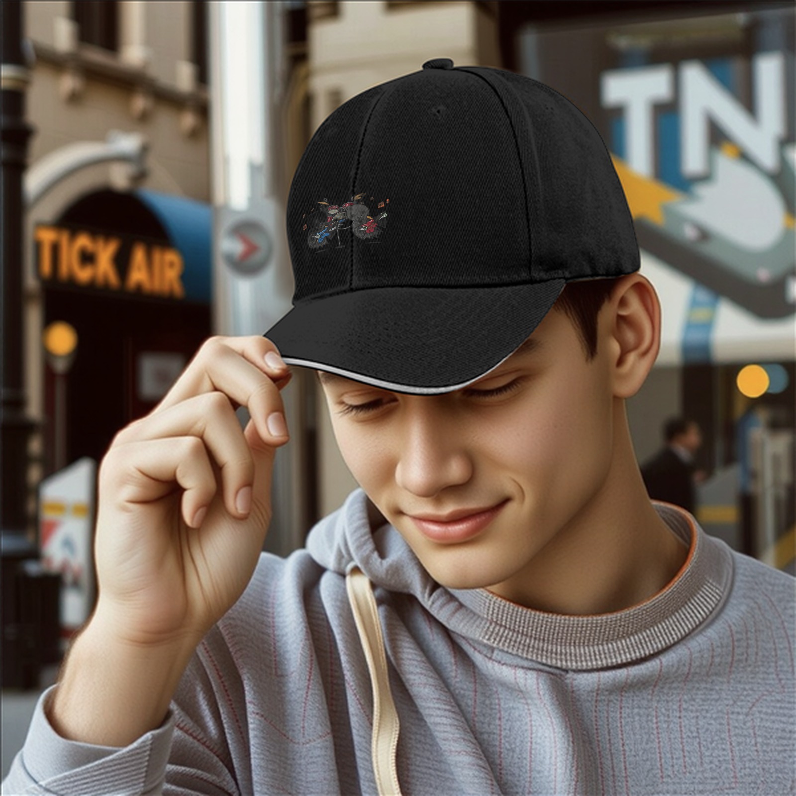Black Baseball Cap With Cute Animal Rock Band Graphic