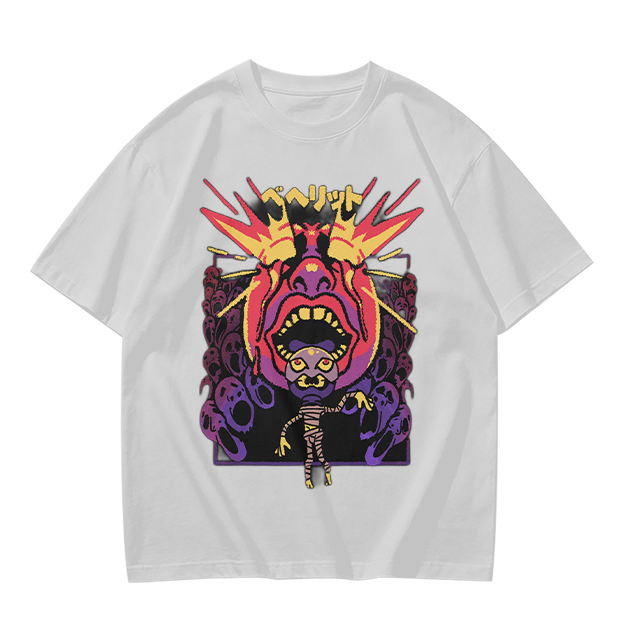 Olive t-shirt with surreal demon and ghost graphic print