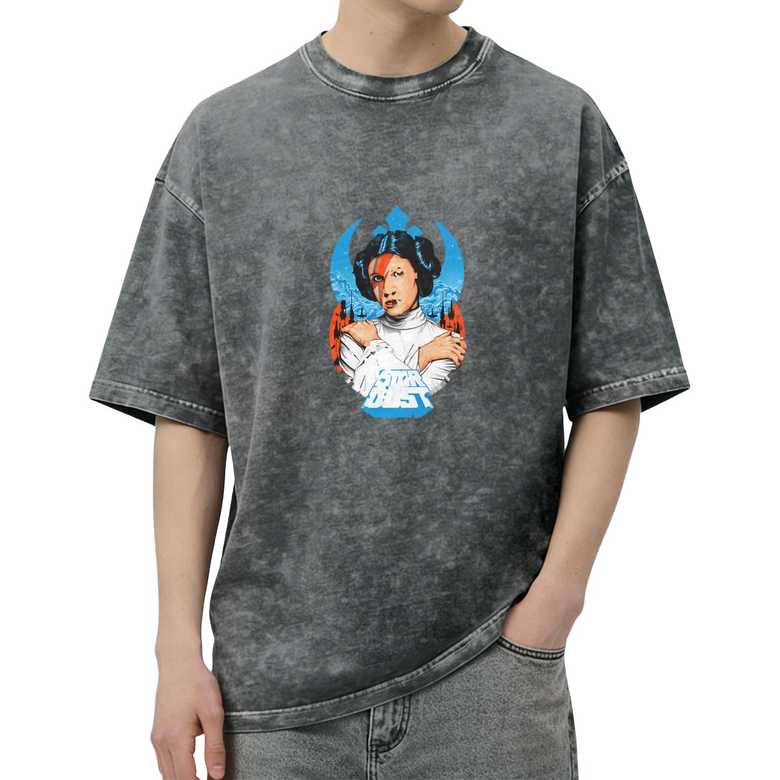 Washed Black T-Shirt with Princess Leia David Bowie Mashup Graphic