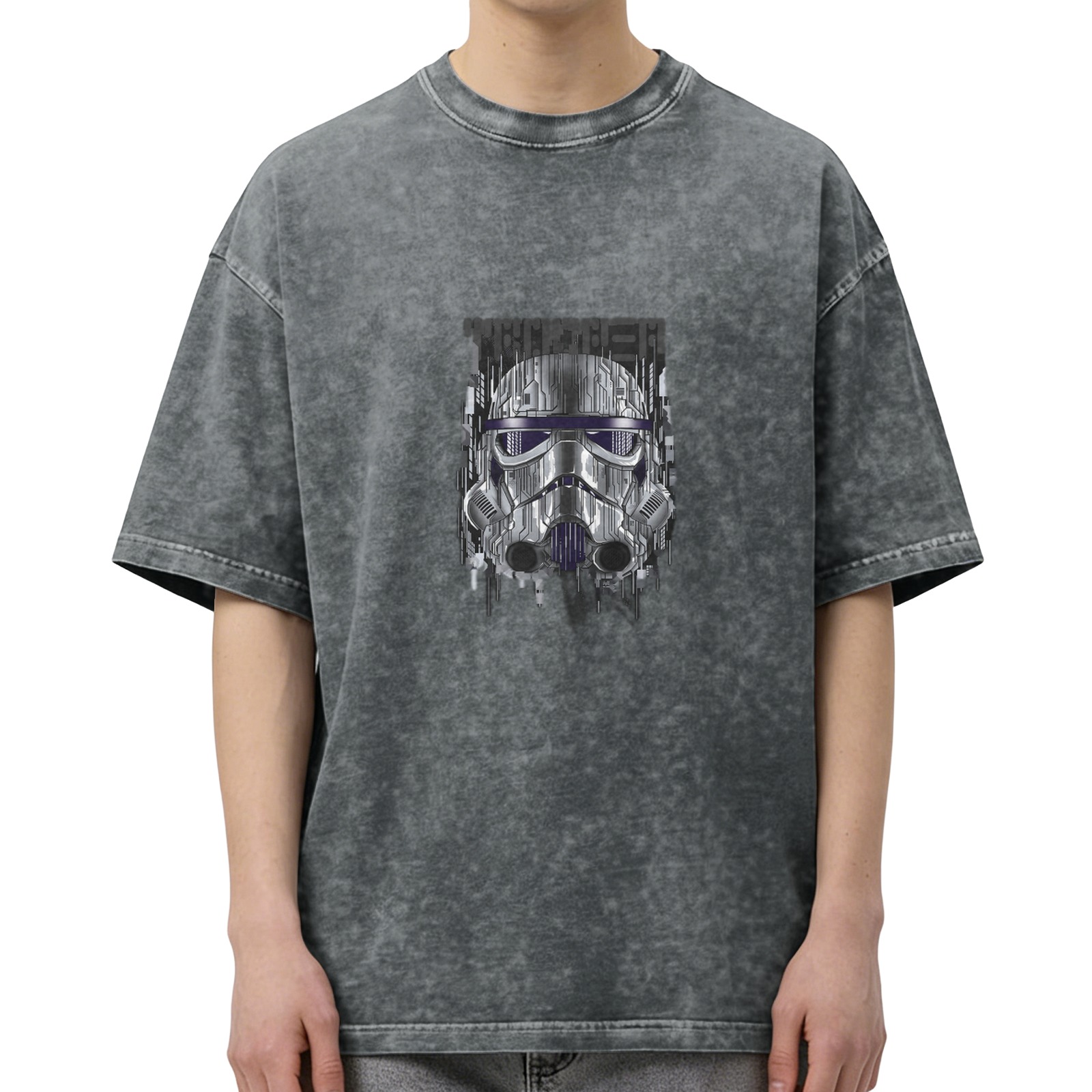 Washed Black Oversized T-Shirt with Cyber Stormtrooper Helmet Graphic
