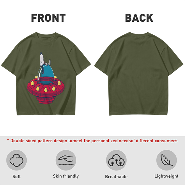 Olive T-Shirt Featuring Snoopy Relaxing in a Red UFO