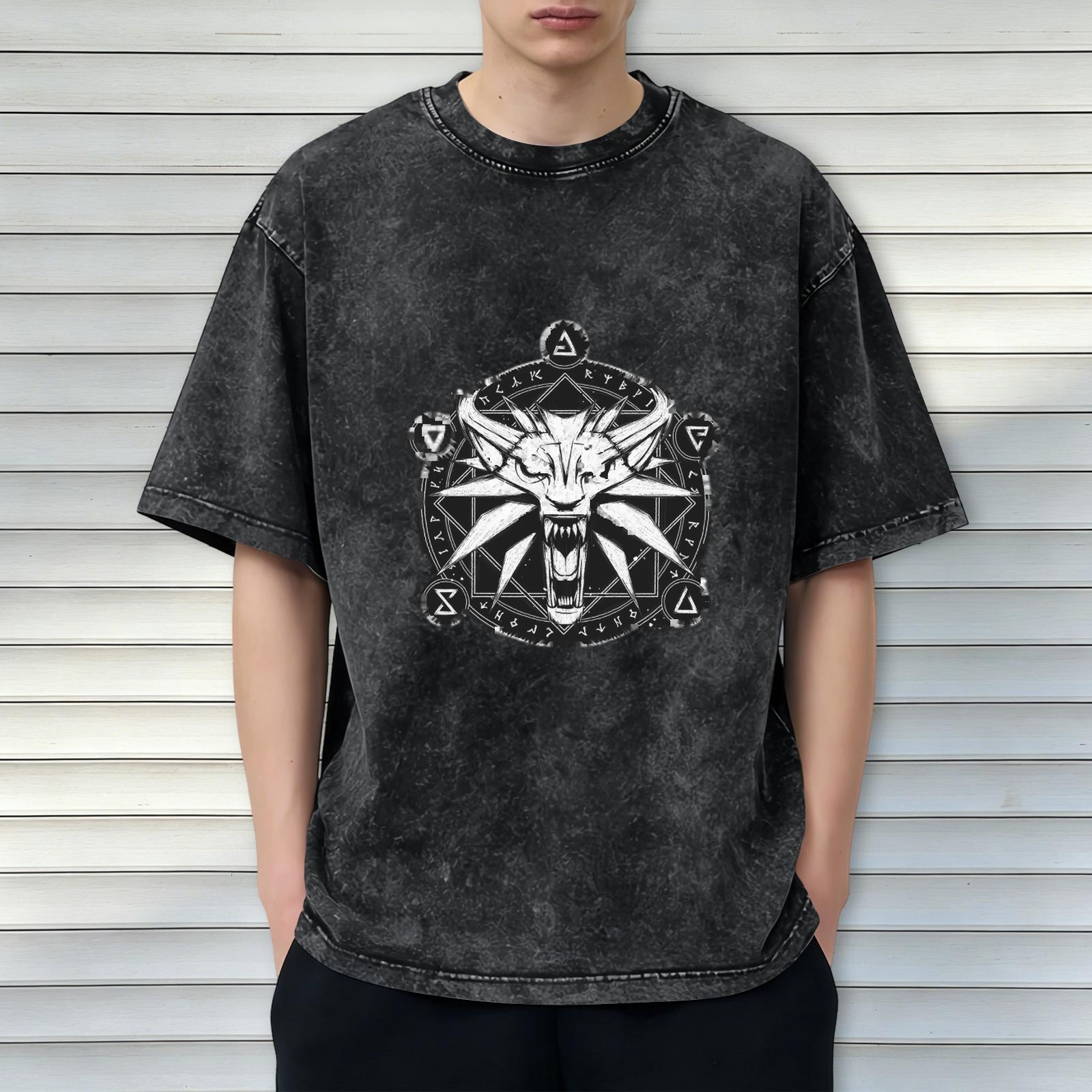 The Witcher Wolf Medallion Acid Wash Oversized T-Shirt